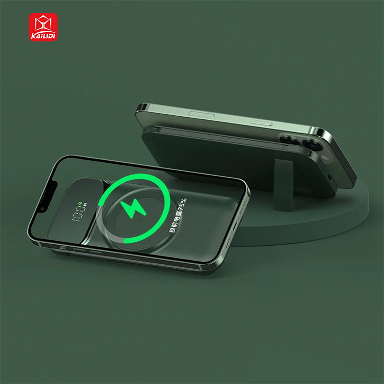 MagCharge Pro 10000 wirelessly charging iPhone via MagSafe — compatible with iPhone 12 through iPhone 17